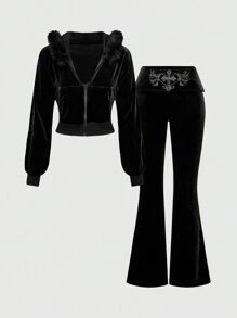 Y2K Velvet Crop Top Hoodie & Flare Pants 2 Pieces Set For Women