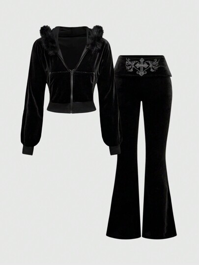 Y2K Velvet Crop Top Hoodie & Flare Pants 2 Pieces Set For Women