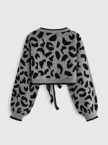 ROMWE Kawaii 女款 Y2K 豹纹蝴蝶结系带开衫，落肩长袖，秋冬款 - 彩色 - 查看 2