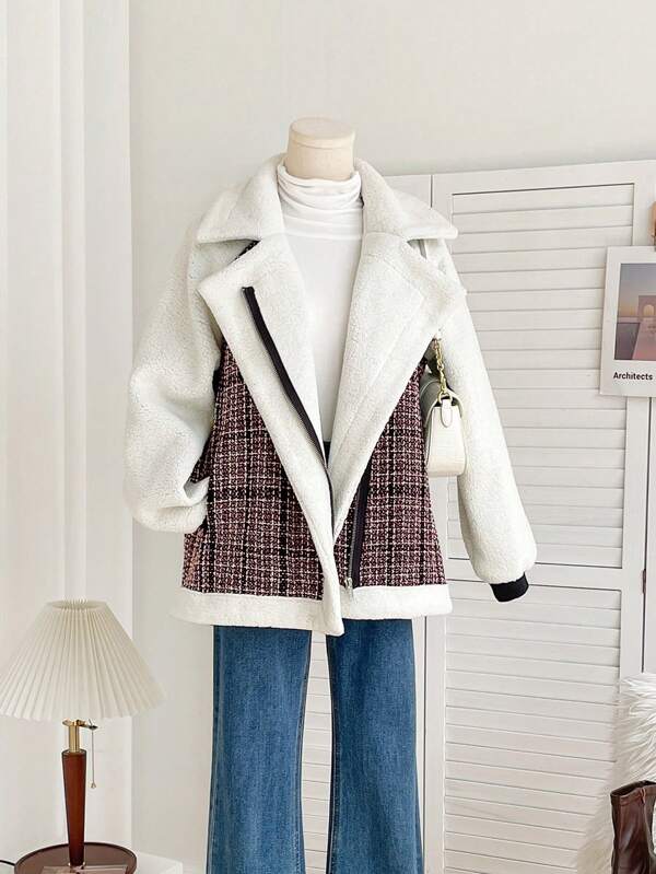 SHEIN LUNE Plaid Fluffy Short Jacket For Women, Thick, For Small Figures, New 2024 Collection, Winter
