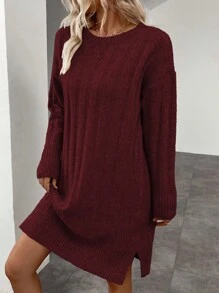 SHEIN LUNE Solid Color Round Neck Long Sleeve Casual Slit Sweater Dress