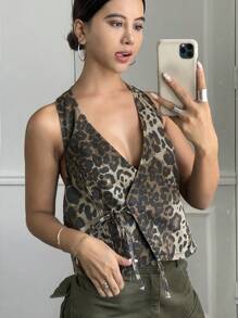 DAZY 女士时尚豹纹挂脖系带牛仔上衣 - 棕色 - 查看 5