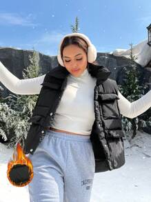 SHEIN EZwear Plus Size Solid Color Front Button Sleeveless Pocket Casual Padded Vest, Women Winter Clothes - Black - View 2