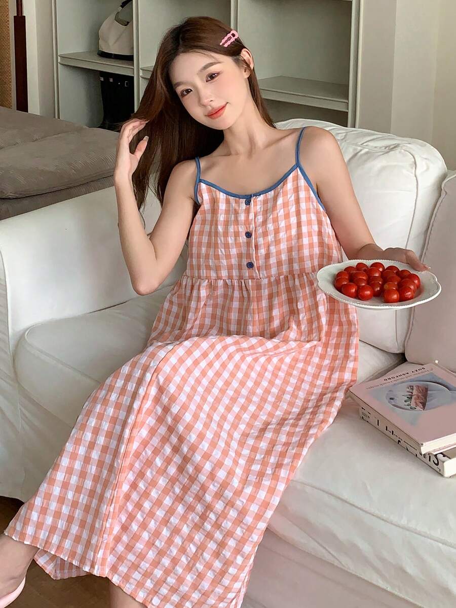 DAZY 撞色饰边细肩带正面纽扣开合简约休闲睡衣