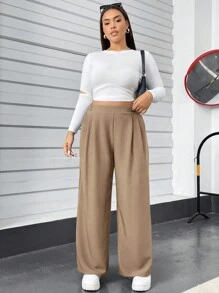 SHEIN Essnce Plus Size Women's Autumn And Winter Casual Comfortable Loose Elastic Waist Khaki Basic Wide-Leg Pants,Fall Women Clothes,Homecoming,Old Money,Going Out Bottoms,Curv Pants,Women Outfits,Fall Pants,Work Wear - Khaki - View 4
