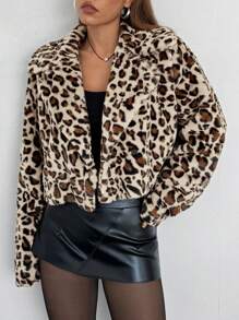 Muchica Women's Fashionable Fluffy Cropped Regular Jacket With Leopard Print, Autumn/Winter - Apricot - View 3