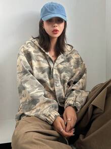 DAZY Women Autumn Drop Shoulder Long Sleeve Single-Breasted Casual Camo Hooded Denim Shirt,Fall Women Clothes Graphic Tee - Multicolor - View 7