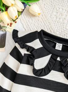 Bộ 2 áo thun cổ sọc thường ngày cho bé gái mới biết đi và quần dài, phù hợp cho mùa thu/đông - Đen và trắng - Xem 5