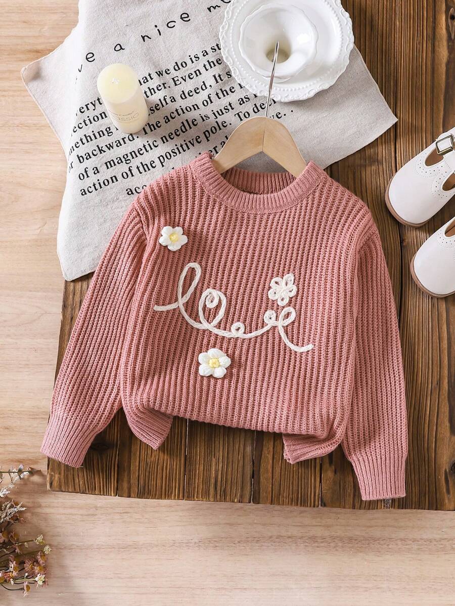 LMoss Kids LMoss Áo len cổ tròn họa tiết hoa 3D trơn màu cho bé gái trẻ, thích hợp mặc hàng ngày, áo len dễ thương, áo len cho bé gái, dễ thương cho trường học, thích hợp mặc vào mùa thu và mùa đông, mặc hàng ngày đến trường, đồ đôi cho chị em, thích hợp mặc ấm vào mùa thu, cho Giáng sinh - Hồng - Xem 1