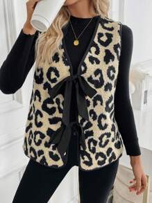 SHEIN LUNE Women Regular Leopard Print Teddy Fleece Vest Jacket (Random Pattern Cutting) - Khaki - View 5
