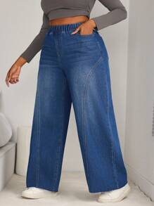 SHEIN SXY Quần Jeans Ống Rộng Lưng Cao Co Giãn Cho Nữ Size Lớn, Thiết Kế Chia Khe Làm Thon Gọn - Màu xanh lam - Xem 6