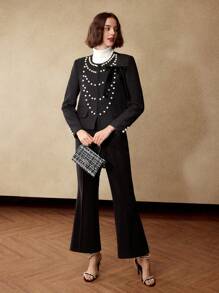 MOTF PREMIUM TWEED FAUX PEARL DETAIL JACKET - Black - View 7