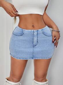 SHEIN PETITE 女士性感紧身弹力牛仔迷你裙，低腰，蓝色 - 淺色水洗藍 - 查看 4