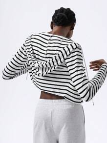 VARSITIE Black And White Striped Hooded Long Sleeves With Zipper Closure Women Jackets - Black and White - View 2