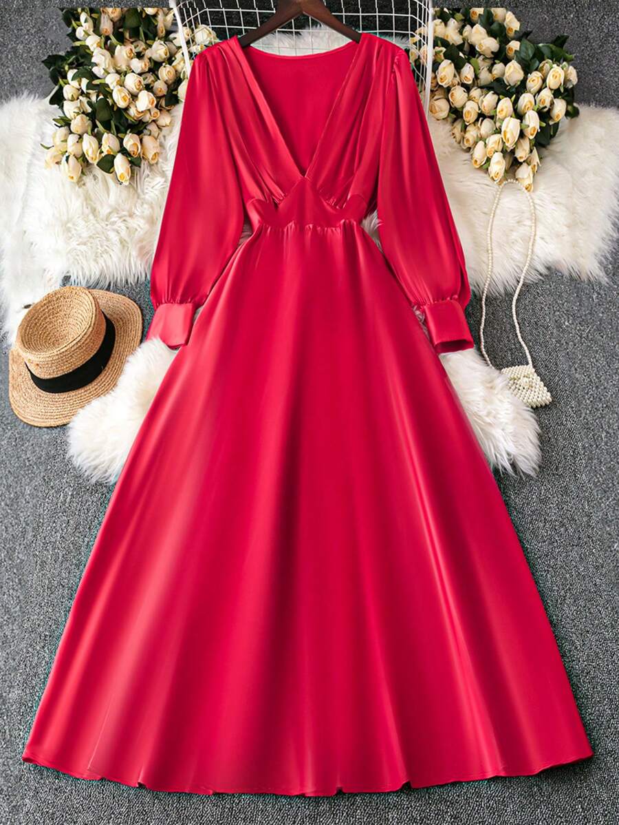 SHEIN Unity Fitted V-Neck Ruched Shiny Elegant Dress Fall Cloth For Women - Red - View 1