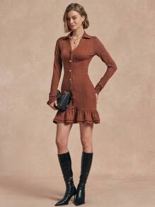 Chiquease Casual Elegant Women Knitted Long Sleeve Button & Tie-Up Belted Fitted Dress Fall Cloth For Women