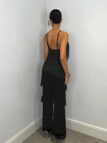 SHEIN BAE 1 件女式秋冬流苏细肩带深 V 领露背修身连体裤，适合万圣节派对和圣诞派对 - 黑色 - 查看 2