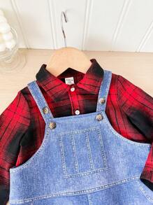 SHEIN Baby Boy 2pcs/Set Casual Daily Raglan Red Plaid Shirt & Denim Effect Suspender Pants Two-Piece Set, Suitable For Autumn/Winter Wear, Indoor And Outdoor