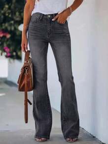 Women's Fashionable Versatile Washed Slant Pockets Flare Leg Jeans