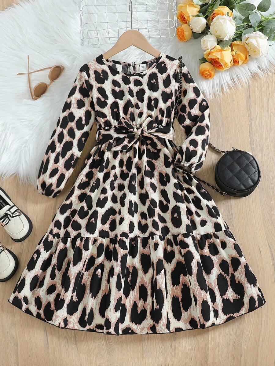 SHEIN Elladie kids 年轻女孩豹纹灯笼袖休闲连衣裙，秋季猎豹连衣裙猎豹印花连衣裙 - 咖啡 - 查看 1