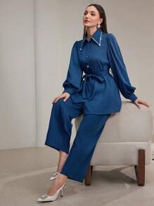 Modelyn Bộ 2 chiếc áo cánh và quần trang trí bằng đá Rhinestone màu trơn cho nữ, thanh lịch - Màu xanh lam - Xem 5