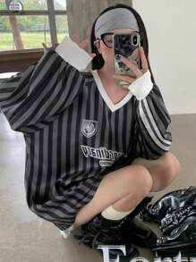 DAZY Women's Striped Casual Long Sleeve Letter Print Simple T-Shirt