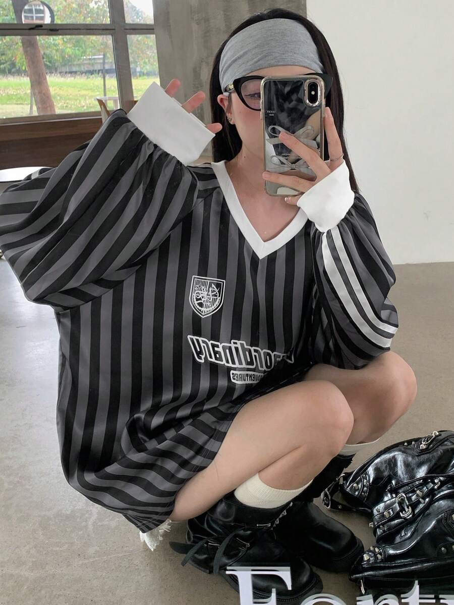 DAZY Women's Striped Casual Long Sleeve Letter Print Simple T-Shirt
