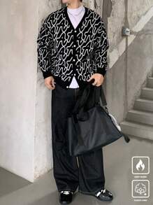 Manfinity Hypemode Chaqueta informal de punto de un solo pecho con gráfico de letra para hombre, otoño/invierno