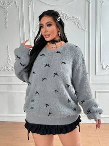 Flirla 加大码休闲圆领落肩仿貂毛蝴蝶结装饰针织毛衣，秋冬款 - 深灰色 - 查看 5