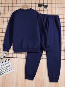 Teen Boy Emboosed Letter Sweatshirt And Sweatpant Simple And Comfortable Leisure Sports Package Set - Navy Blue - View 2
