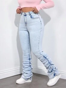 SHEIN ICON Plus Size Solid Color Pleated Pocket Casual Skinny Jeans