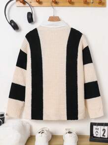 Tween Boy Casual Korean Style Loose Contrast Stripes Button Front Cardigan, Suitable For Autumn, Winter And Spring, Fit For Outdoor Play, School, Street, Party And Casual Wear - Multicolor - View 7