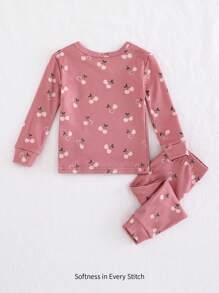 Cozy Pixies Bộ 2 món/bộ đồ ngủ liền thân in hình trái cây cho bé gái sơ sinh, áo len cổ tròn dài tay mềm mại và quần bó sát - Nhiều màu - Xem 2