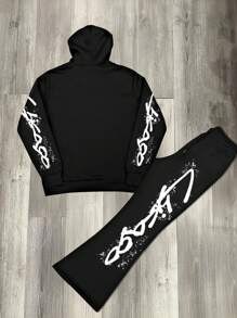 Manfinity EMRG 2pcs/Set Men's Autumn Letter & Pentagram Print Long Sleeve Drawstring Hoodie Sweatshirt And Sweatpants Casual Outfit