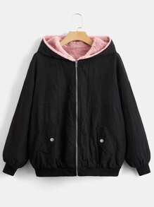 SHEIN CURVE+ 冬季加大码撞色连帽毛绒衬里拉链长袖夹克 - 粉色 - 查看 2