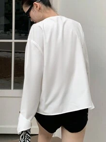 DAZY 1 pieza Blusa de mujer con cuello drapeado asimétrico y manga larga, con volantes - Blanco - Ver 6