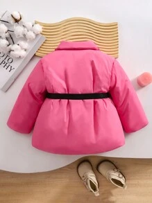 SHEIN Babygirl Autumn/Winter Adorable Fashionable Simple Warm Fleece Letter Print Mid-Length Jacket With Belt, Suitable For Outing, Cool Look