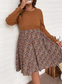 SHEIN VCAY Plus Size Khaki Patchwork Ditsy Floral Round Neck Long Sleeve Midi Dress, Colorblock Casual Warm Thanksgiving Dress