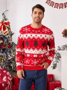 Manfinity VCAY Men's Loose Drop Shoulder Long Sleeve Open Front Casual Knitted Sweater, Suitable For Christmas, Family Matching, Couple Style, Christmas Sweater - Red - View 3