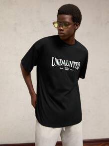 AKNOTIC Business Casual Men Loose Fit Drop Shoulder Letter Print Short Sleeve Urban Cotton Casual T-Shirt, Suitable For Summer, Old Money, Boyfriend Gift