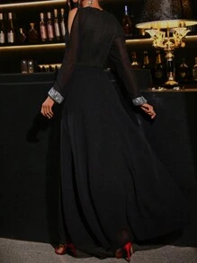 SHEIN Clasi Women's Stylish Sequin Splice Open Shoulder Front-Tie Jumpsuit - Black - View 2