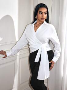 BamGleam Áo cánh tay dài màu trơn buộc nơ phía trước dành cho nữ mùa thu, mùa thu đông, màu trắng tối giản, thanh lịch, gợi cảm, trang phục thường ngày, trang phục lễ tạ ơn cho phụ nữ, trang phục giáng sinh cho phụ nữ, trang phục công sở cho phụ nữ, trang phục tốt nghiệp, trang phục kín đáo, trang phục giáo viên, đi chơi, áo sơ mi nữ - trắng - Xem 6