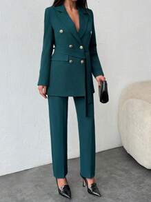 EURMUSE Women's Green Blazer And Pants Suit Sets - Green - View 4
