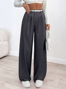 SHEIN Cottnline Women's Solid Mid Rise Belted Suit Pants - Dark Grey - View 1