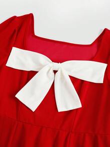 SHEIN Unity Váy midi đỏ cỡ lớn cho nữ tay bồng, cổ vuông và nơ, trang phục Giáng sinh cho năm mới - Đỏ - Xem 3