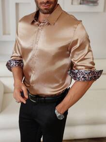 Manfinity Mode 男士纯色长袖衬衫，派对和正式服装，金色男士衬衫，男士缎面衬衫，秋季