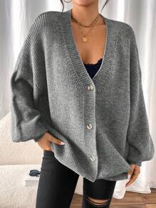 Chiquease Damen Lässiges Top mit Knopfleiste und Langarm, minimalistisches Design für den Alltag - Grau - Übersicht 6