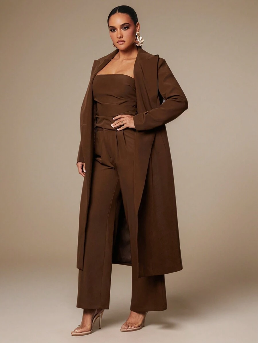 Silquee Women's Autumn Elegant Dark Brown Office Coat,High-End Long British Twill Career Commuting Mobwife Chocolate Belt Waist Anti-Wrinkle Winter - Coffee Brown - View 1