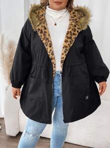 SHEIN CURVE+ 大码女式连帽长袖撞色抽绳毛绒边框填充冬季羊毛夹克 - 黑色 - 查看 6