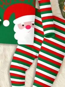 SHEIN 年轻男孩休闲简约紧身舒适圣诞圣诞老人 OH!OH!OH! 经典红绿白条纹印花长袖圆领上衣和裤子睡衣套装，适合秋冬季的衣服 - 彩色 - 查看 3
